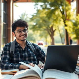 University student in a vibrant academic environment with books.