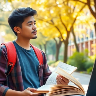 University student in a vibrant campus with books and laptop.