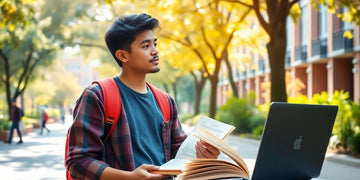 University student in a vibrant campus with books and laptop.