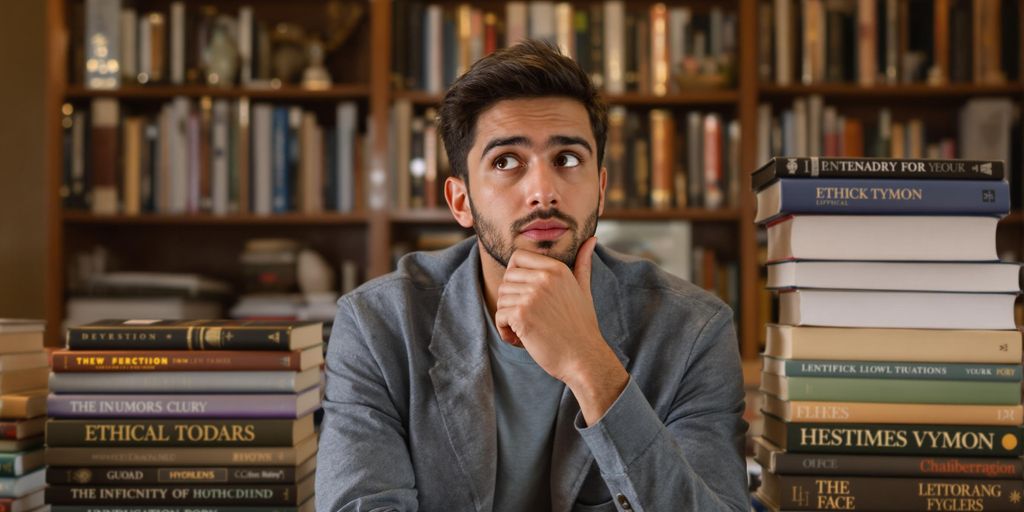 Student pondering ethics in a cozy study environment.