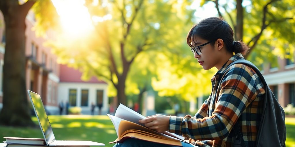 University student gathering data in a vibrant campus.