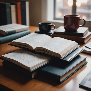 Stack of books and articles for research literature