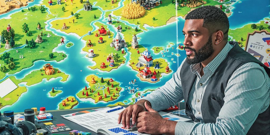 Diverse strategist planning on a battlefield with maps.