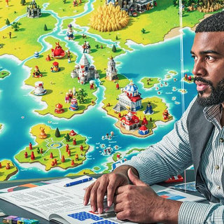 Diverse strategist planning on a battlefield with maps.