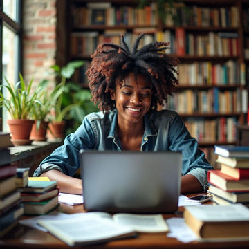 Estudiante investigando para la tesis de MBA con libros y computadora portátil.