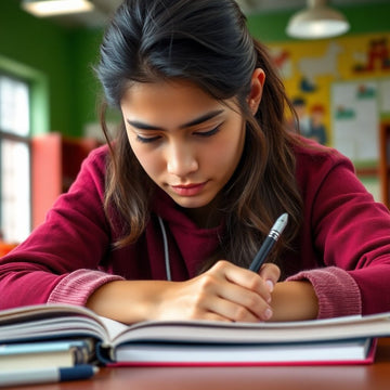 University student writing in a colorful study environment.