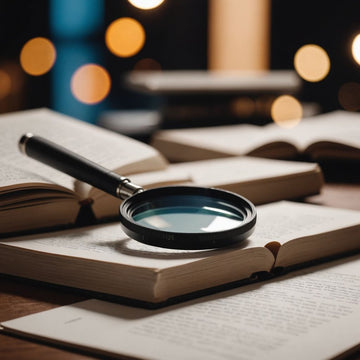 Books and magnifying glass on a research paper