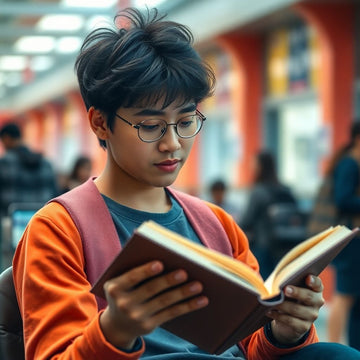 University student reading in a vibrant, colorful setting.