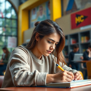 University student writing in a vibrant, colorful setting.