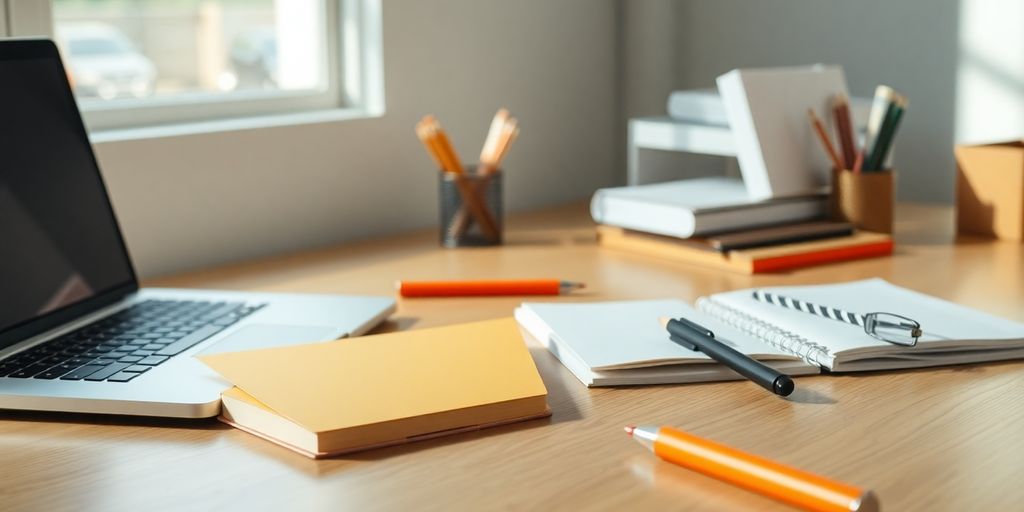 Workspace with laptop and notepad for dissertation writing.