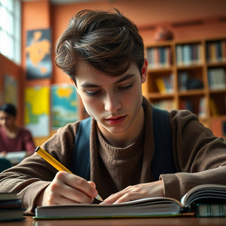 University student writing in a vibrant study environment.