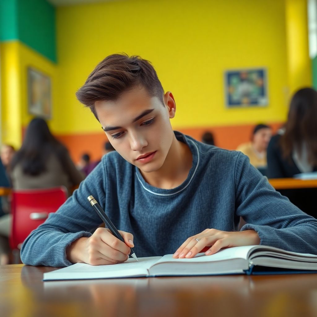Estudiante universitario escribiendo en un entorno vibrante.