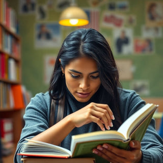 University student reading in a vibrant study environment.