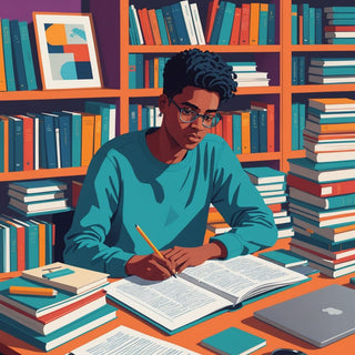 छात्र डेस्क पर किताबों और लैपटॉप के साथ लिख रहा है