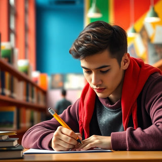 University student writing in a colorful study environment.