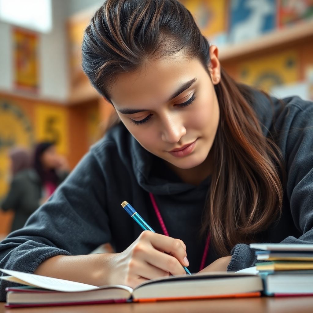 University student writing in a vibrant, colorful environment.