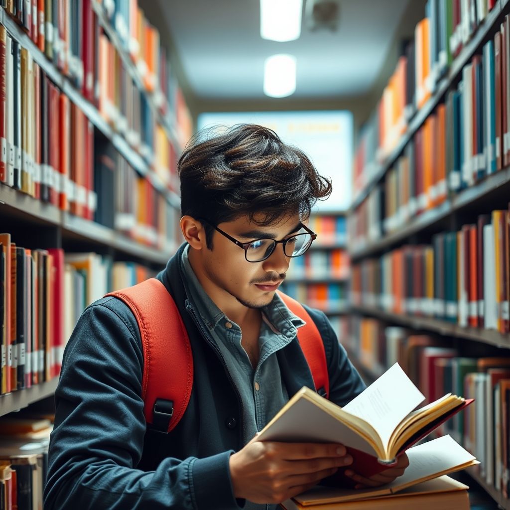 Mahasiswa yang sedang meneliti di perpustakaan berwarna