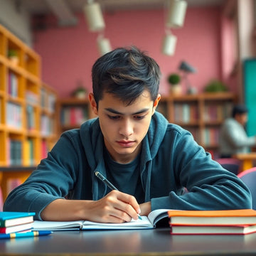 University student writing in a colorful study environment.