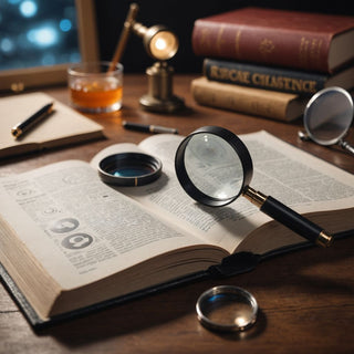 Book with magnifying glass and research icons