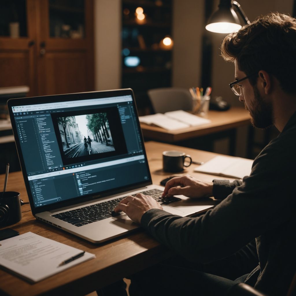 MBA student writing thesis on laptop with papers