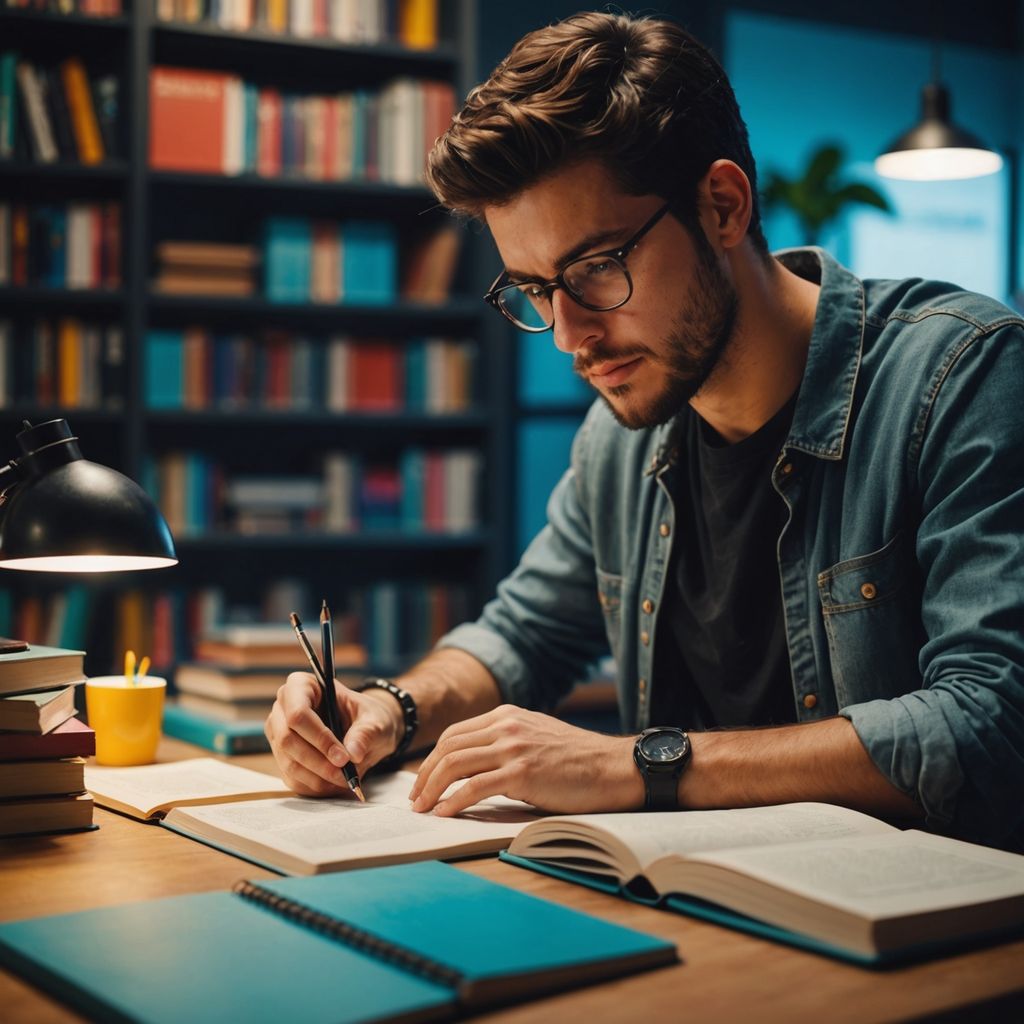 Estudiante concentrado escribiendo su tesis en un escritorio