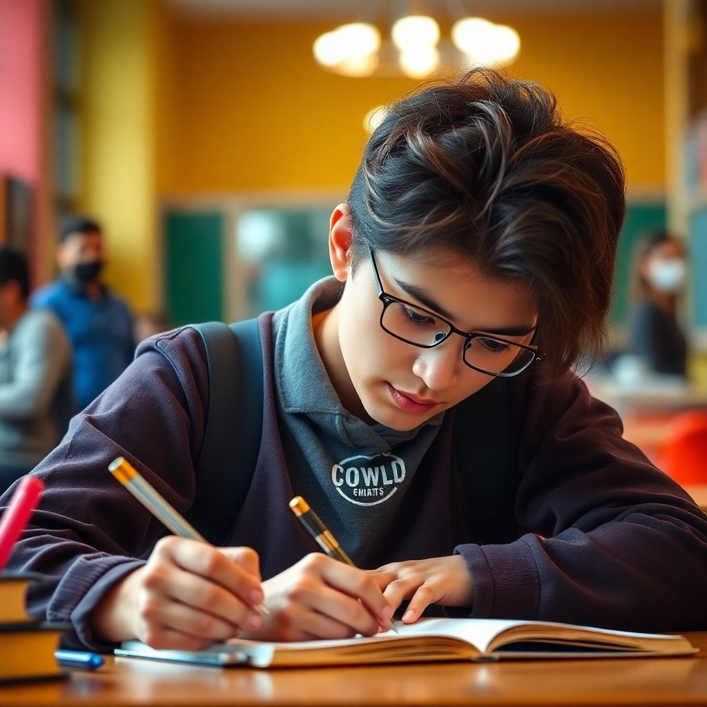 Estudiante universitario escribiendo en un entorno vibrante.