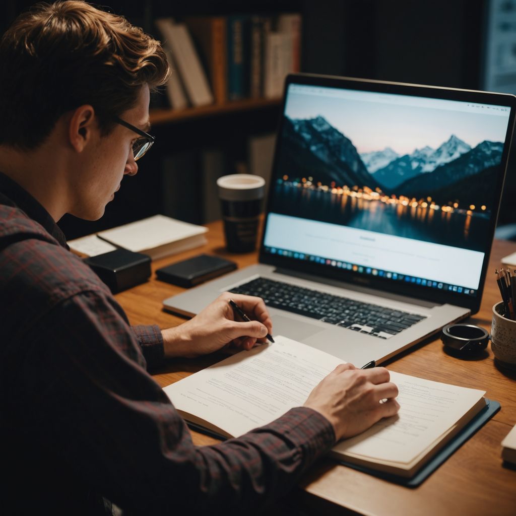 Student writing thesis with books and laptop on desk