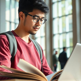 University student in a lively campus with books and laptop.