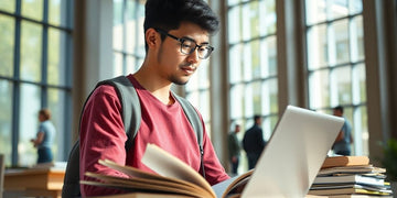 University student in a lively campus with books and laptop.