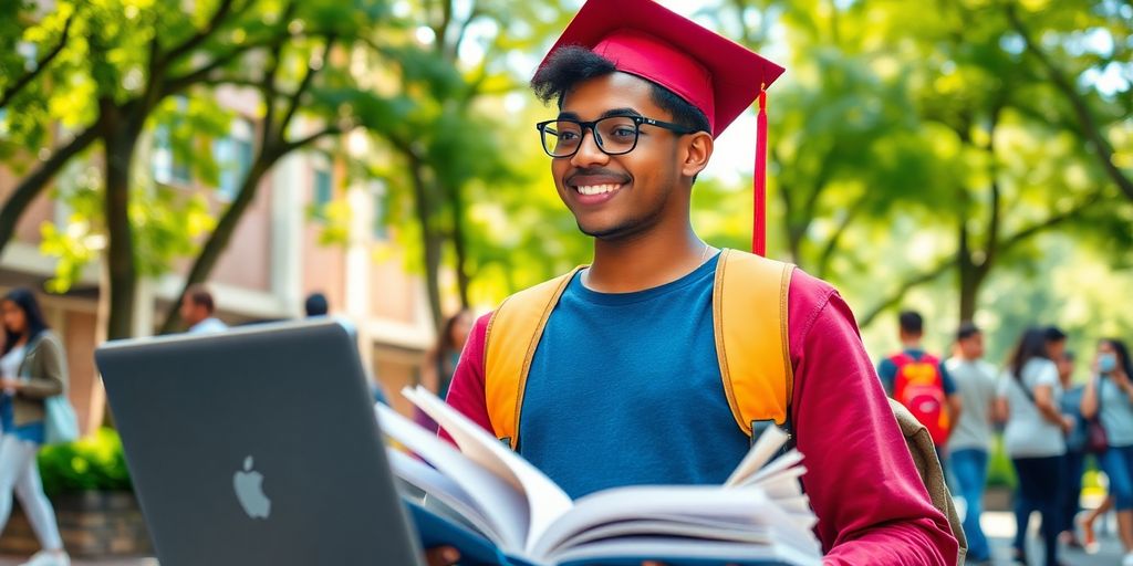 University student studying in a vibrant campus environment.