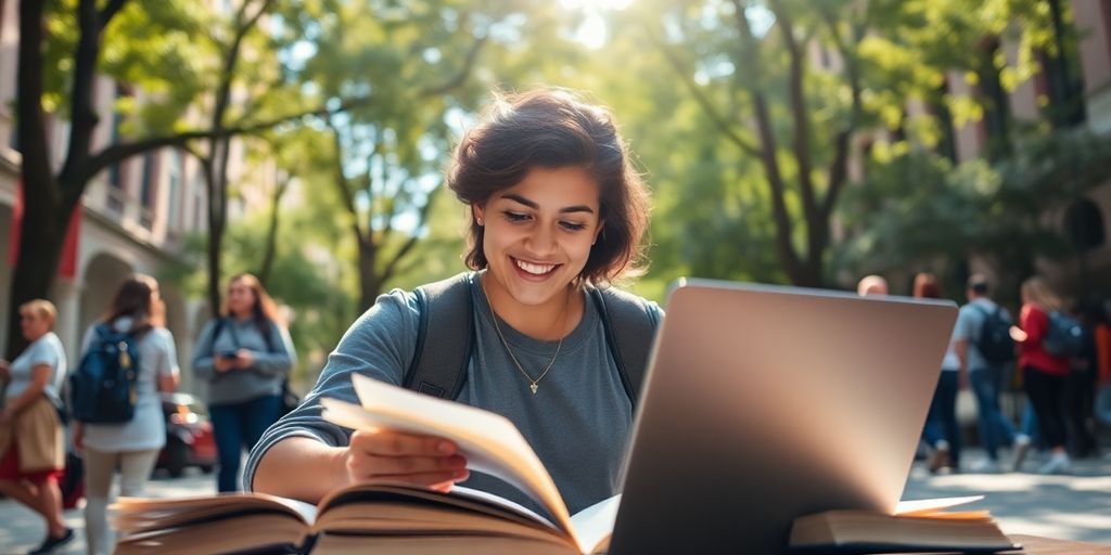 University student in a vibrant campus environment with books.