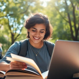 University student in a vibrant campus environment with books.