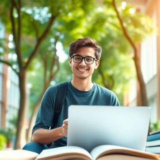 University student in vibrant campus with books and laptop.