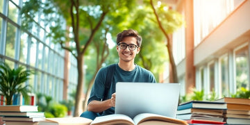 University student in vibrant campus with books and laptop.