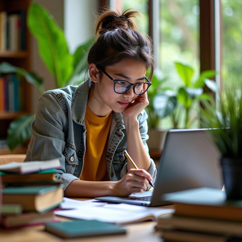 Student researching in a colorful university environment.