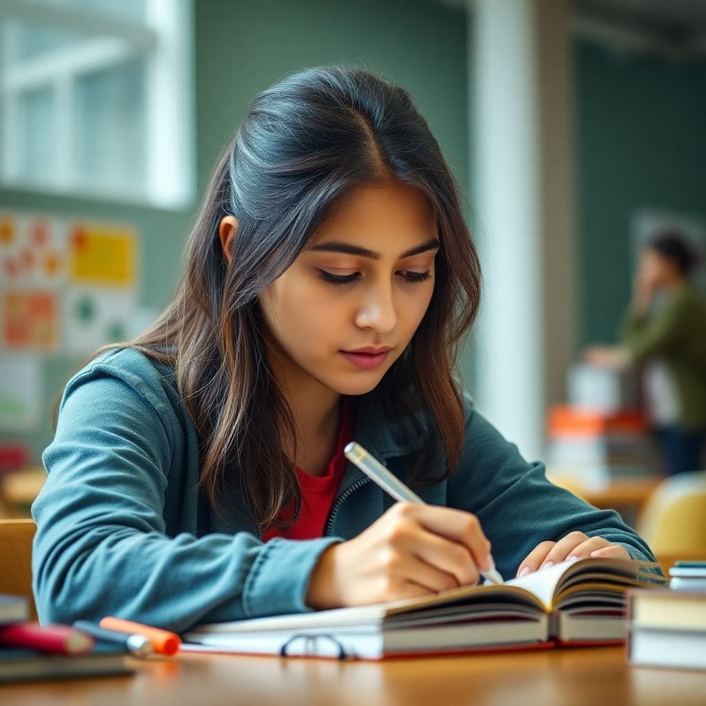 University student writing in a vibrant study environment.