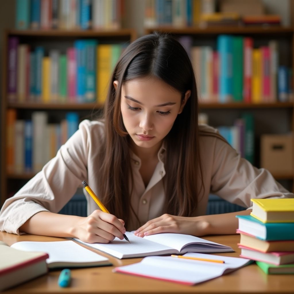 University student writing at a desk in vibrant setting.