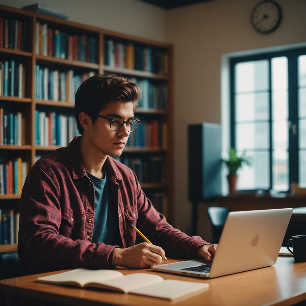 Estudiante redactando tesis en escritorio con laptop y libros