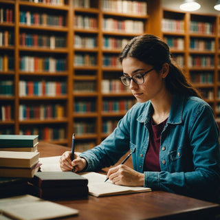 Estudiante concentrado escribiendo tesis doctoral en biblioteca