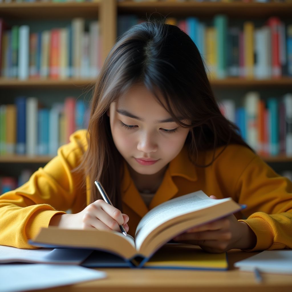 Estudante universitário lendo em um ambiente colorido.