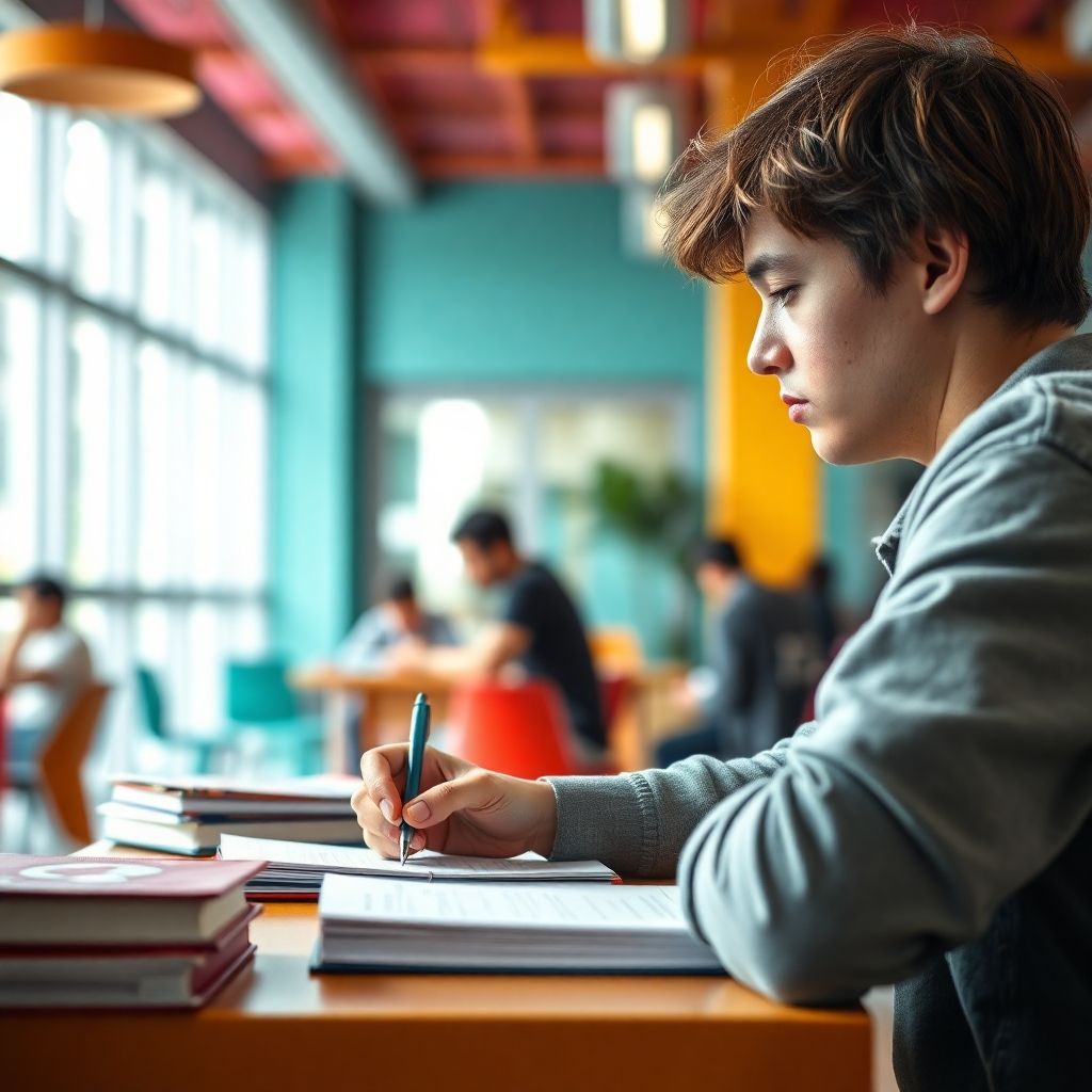 Estudante universitário escrevendo em um ambiente vibrante.