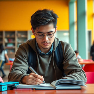 University student writing in a vibrant, colorful environment.