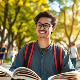 University student in a vibrant campus with books and laptop.