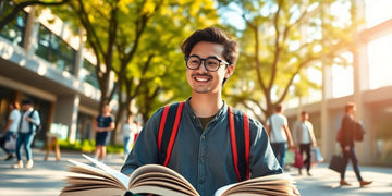 University student in a vibrant campus with books and laptop.