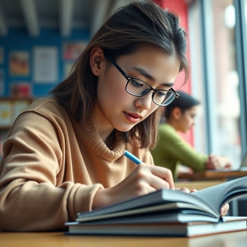 University student writing in a vibrant study environment.