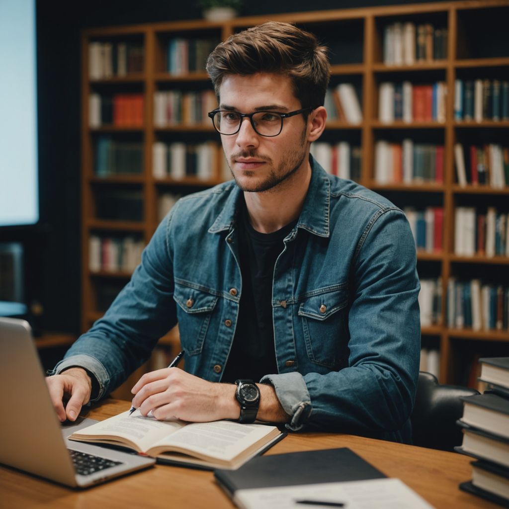 Student presenting thesis with books and laptop