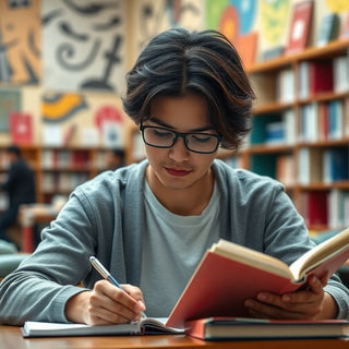 University student writing in a vibrant study environment.