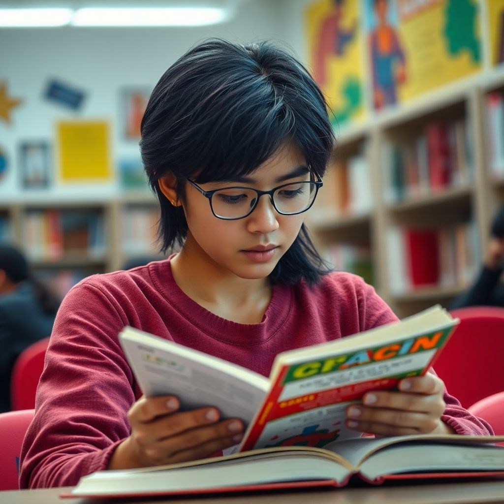 University student reading in a vibrant study environment.