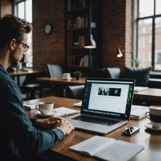 Business student writing MBA thesis with coffee and papers