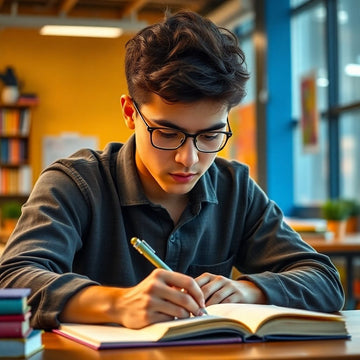 Student writing in a colorful, vibrant study environment.